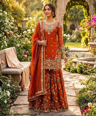 Orange silk blend embroidered sharara set 1