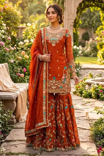 Orange silk blend embroidered sharara set