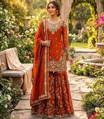 Orange silk blend embroidered sharara set