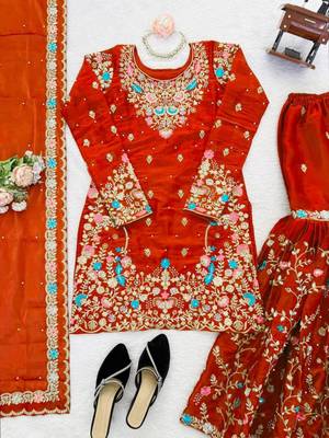 Orange silk blend embroidered sharara set 2