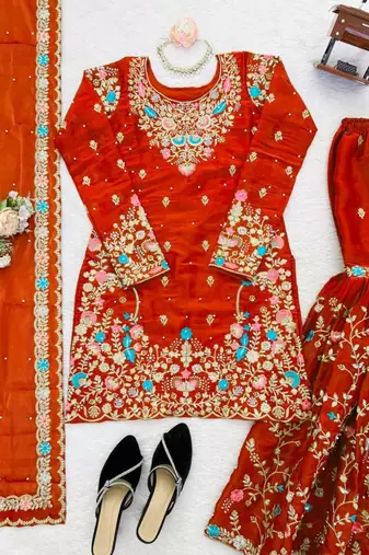 Orange silk blend embroidered sharara set