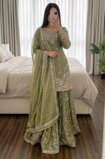 Olive silk blend embroidered sharara set