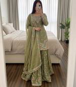Olive silk blend embroidered sharara set