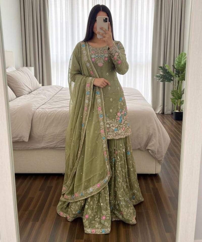 Olive silk blend embroidered sharara set