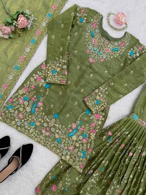 Olive silk blend embroidered sharara set 2