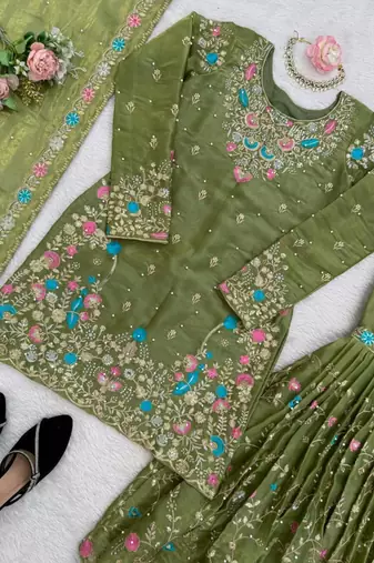 Olive silk blend embroidered sharara set