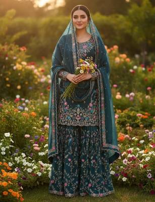 Teal silk blend embroidered sharara set 1