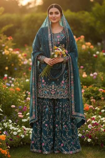 Teal silk blend embroidered sharara set