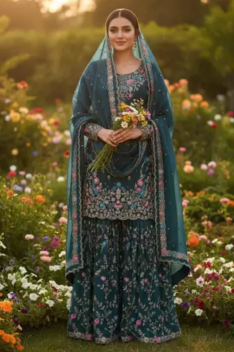 Teal silk blend embroidered sharara set
