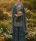 Teal silk blend embroidered sharara set
