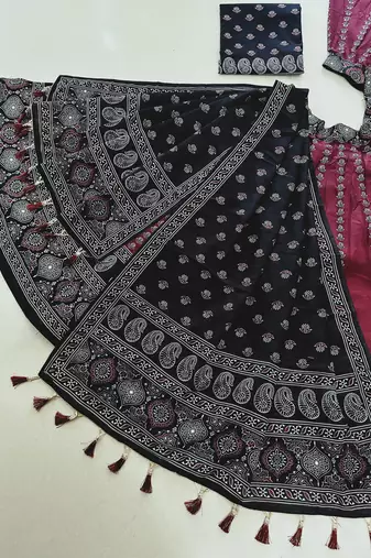 maroon rayon lehenga choli with ajarakh print