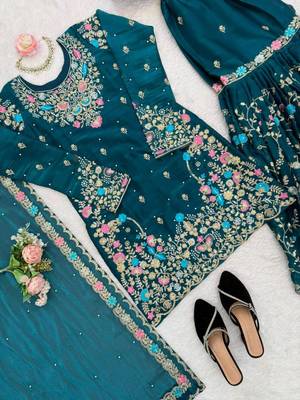 Teal silk blend embroidered sharara set 2