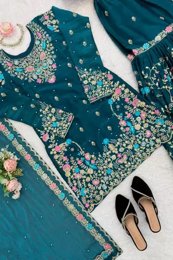 Teal silk blend embroidered sharara set