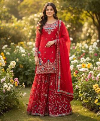 Red silk blend embroidered sharara set 1
