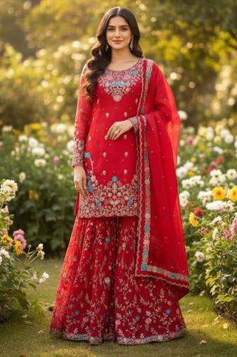 Red silk blend embroidered sharara set