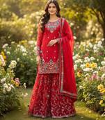 Red silk blend embroidered sharara set