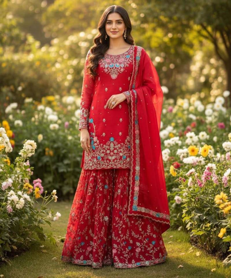 Red silk blend embroidered sharara set