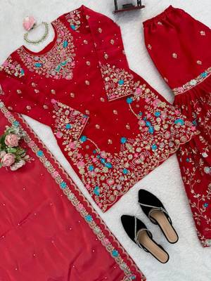 Red silk blend embroidered sharara set 2