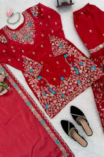 Red silk blend embroidered sharara set