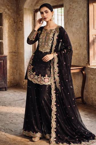 Black silk blend embroidered palazzo set