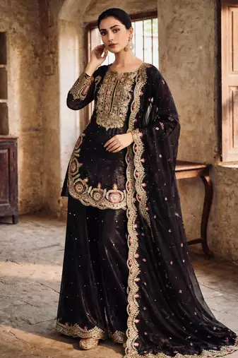 Black silk blend embroidered palazzo set