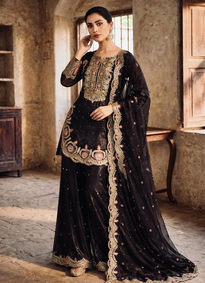 Black silk blend embroidered palazzo set