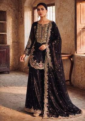 Black silk blend embroidered palazzo set 2