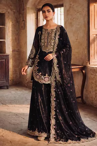 Black silk blend embroidered palazzo set