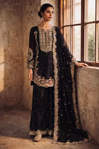 Black silk blend embroidered palazzo set
