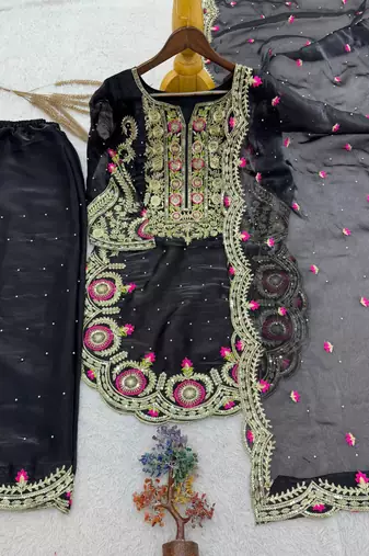 Black silk blend embroidered palazzo set