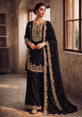 Black silk blend embroidered palazzo set 5