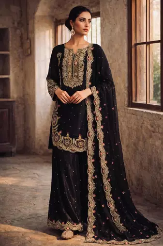 Black silk blend embroidered palazzo set