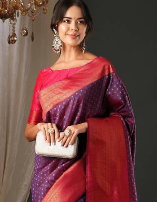 purple polka dot zari banarasi silk blend saree 1