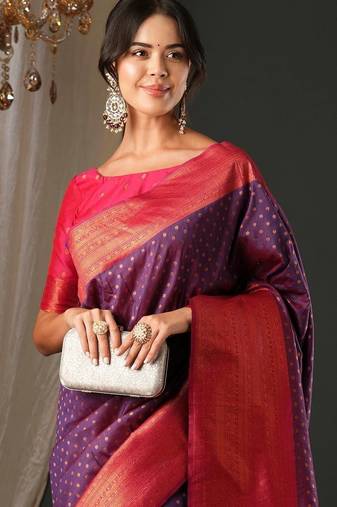purple polka dot zari banarasi silk blend saree