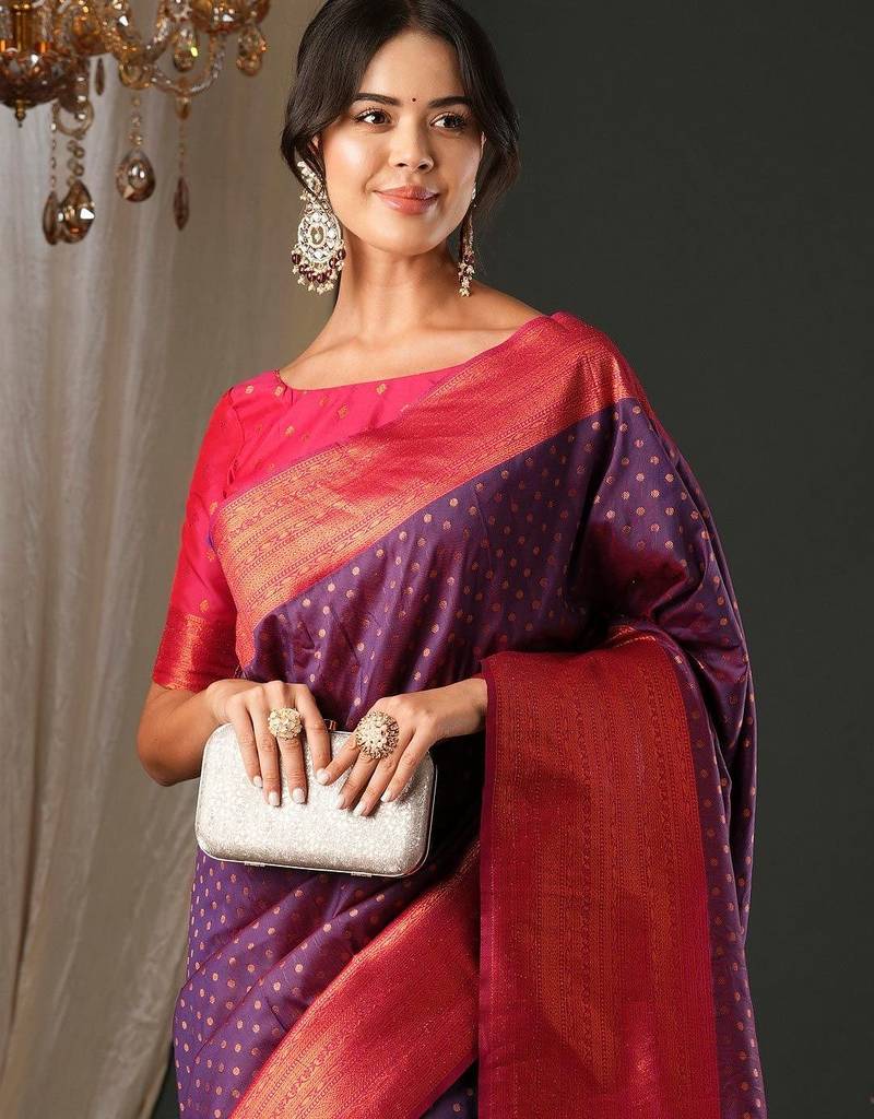 purple polka dot zari banarasi silk blend saree