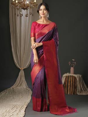 purple polka dot zari banarasi silk blend saree 2