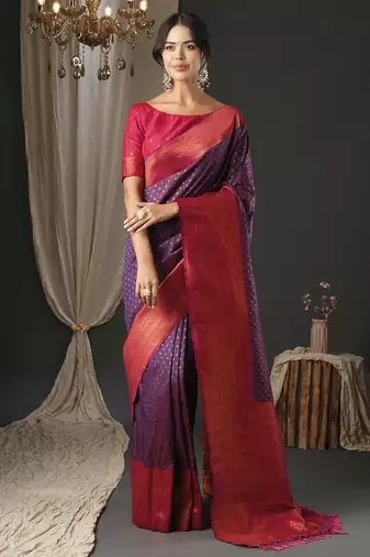 purple polka dot zari banarasi silk blend saree