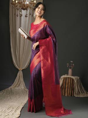 purple polka dot zari banarasi silk blend saree 3