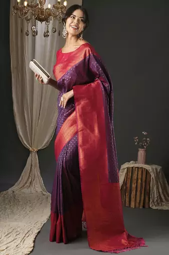 purple polka dot zari banarasi silk blend saree