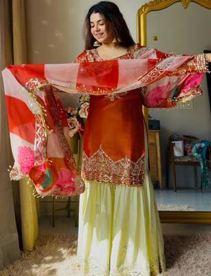 Orange silk blend embroidered palazzo set 2