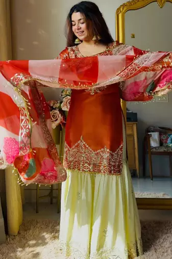 Orange silk blend embroidered palazzo set