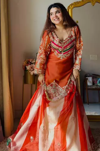Orange silk blend embroidered palazzo set