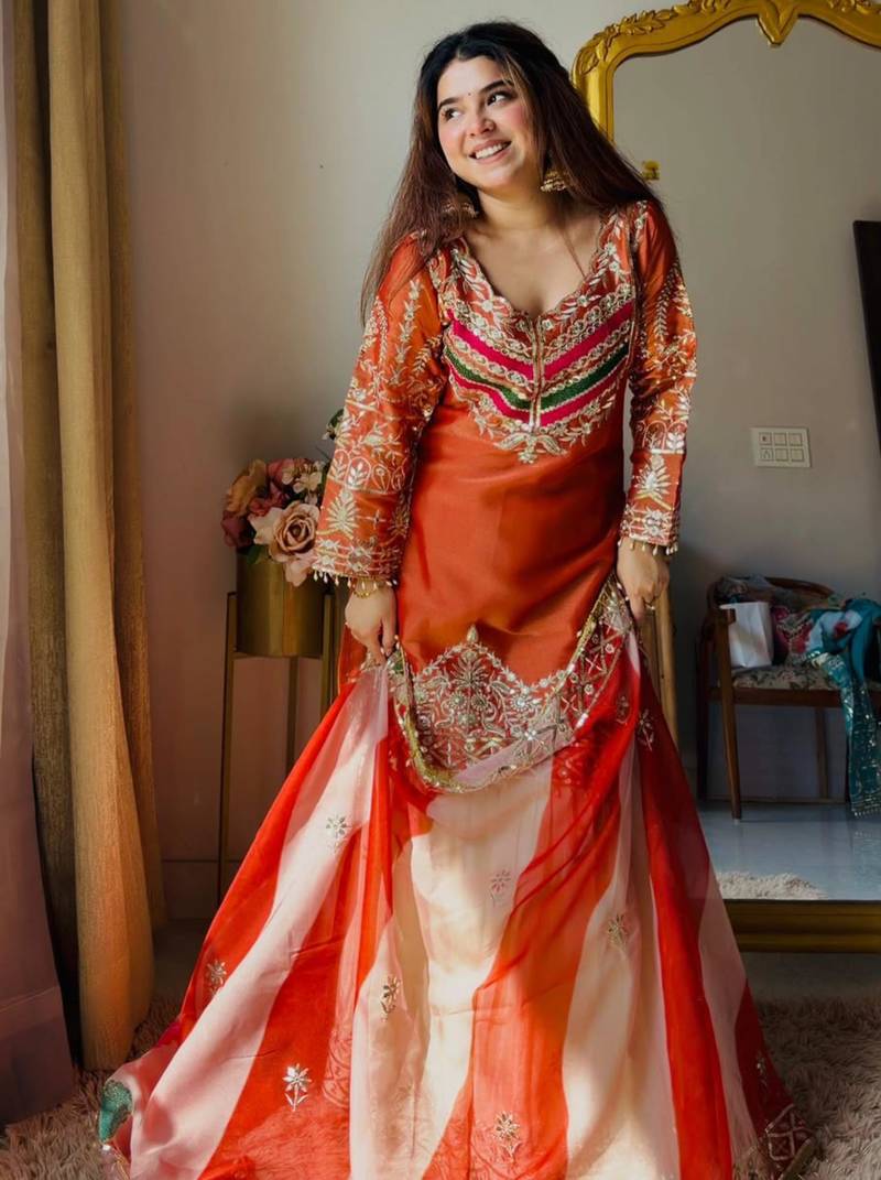 Orange silk blend embroidered palazzo set