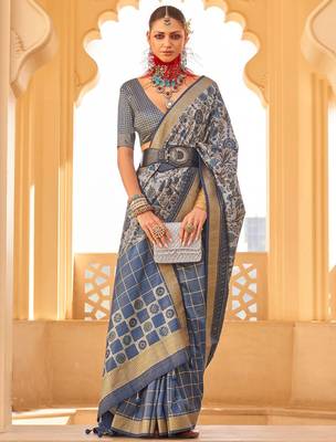Navy blue floral woven design saree 1