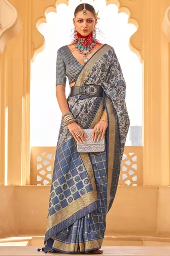 Navy blue floral woven design saree