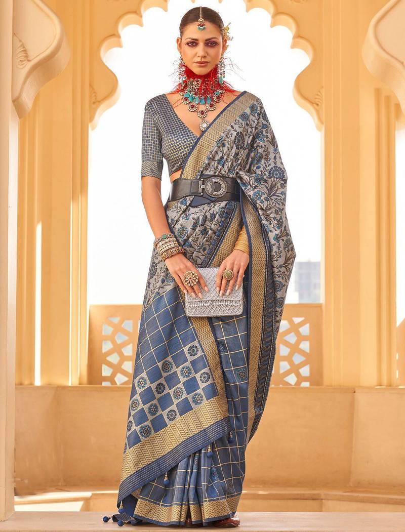Navy blue floral woven design saree