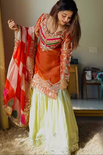Orange silk blend embroidered palazzo set