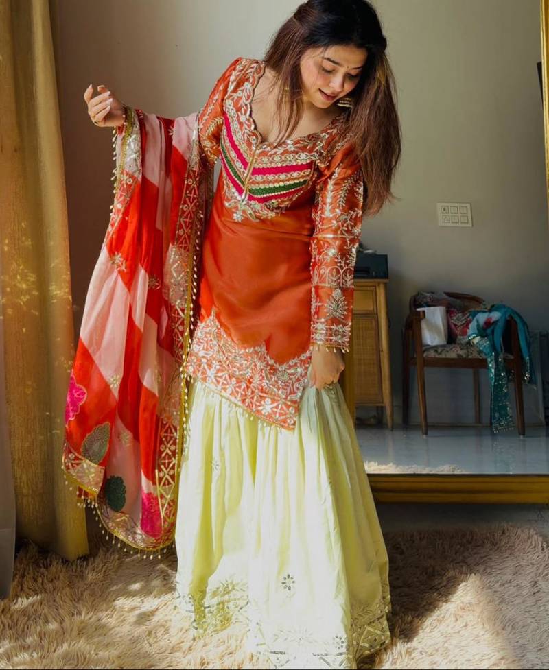 Orange silk blend embroidered palazzo set