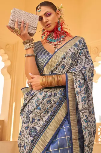 Navy blue floral woven design saree