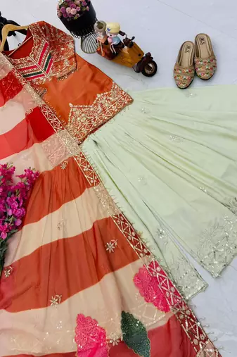 Orange silk blend embroidered palazzo set
